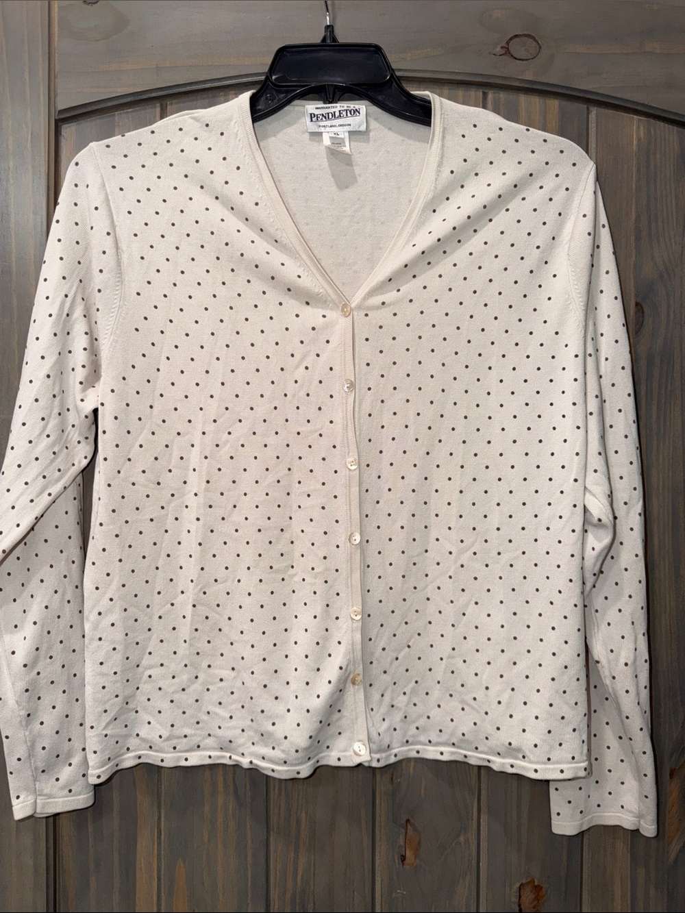 Pendleton Cardigan Ivory Brown Polka Dot Mother Of Pearl Button